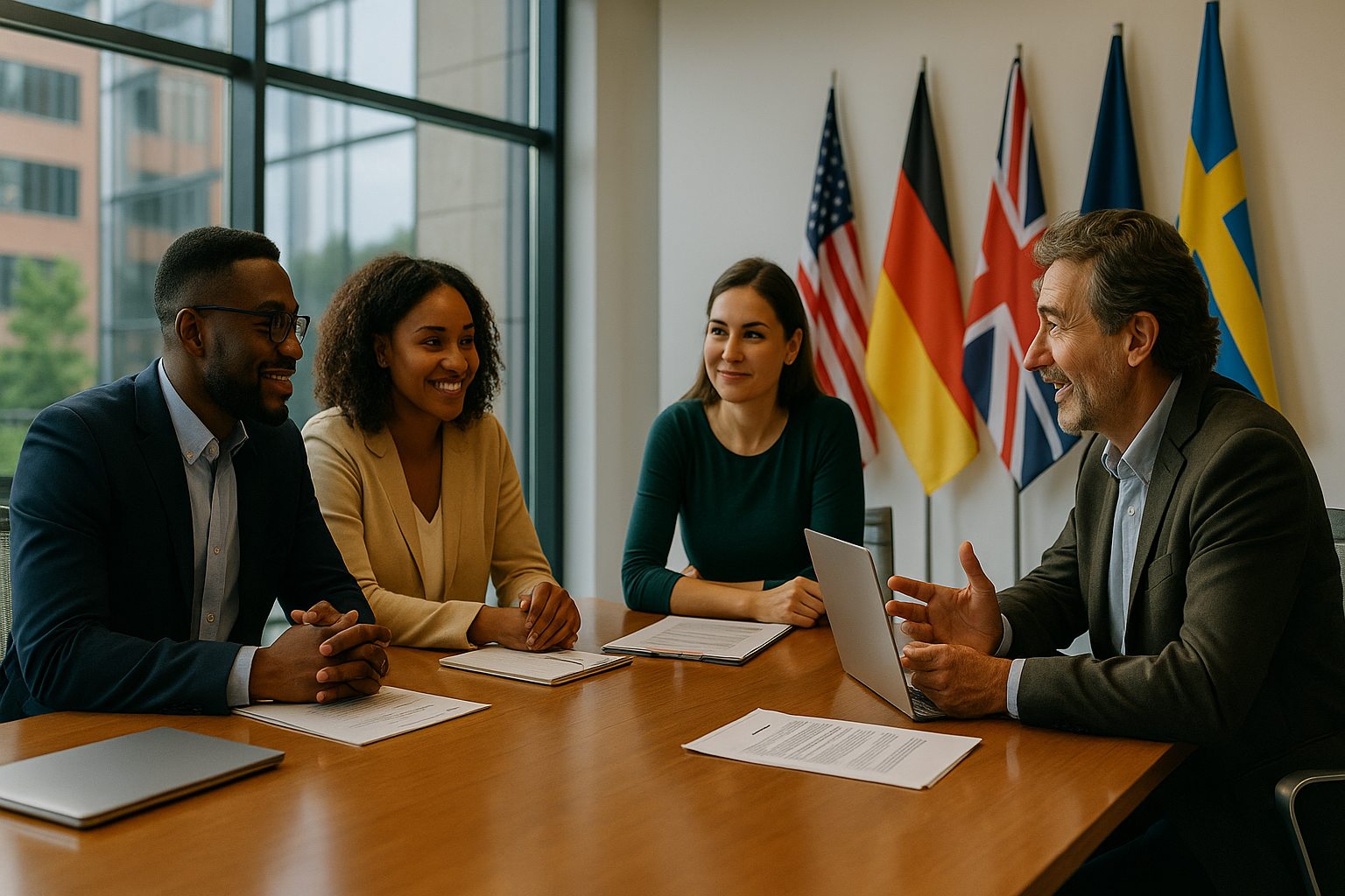 Professionals in a modern meeting room collaborating across cultures
