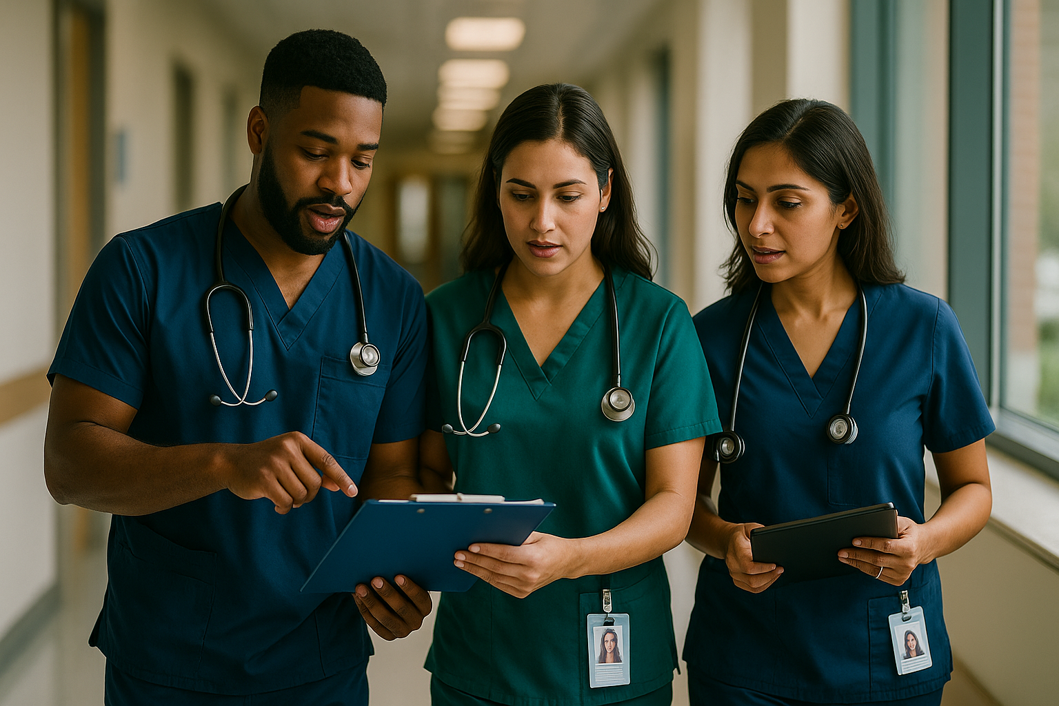Nurses practicing a patient handoff in a classroom