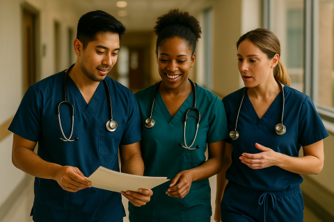 Small team of nurses in a hospital corridor reviewing a patient chart